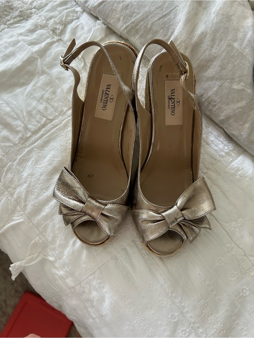 Valentino Metallic Gold Bow Peep-Toe Slingback Heels